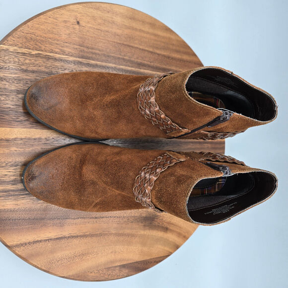 Boc Born Boots Women's 8.5 M Brown Suede Leather Harness Braided Heeled Booties - Picture 6 of 9